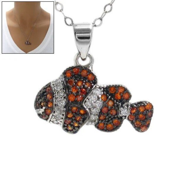 STUNNING STERLING SILVER CLOWN FISH PENDANT WITH 0.65 CARAT MICRO-PAVE CZS